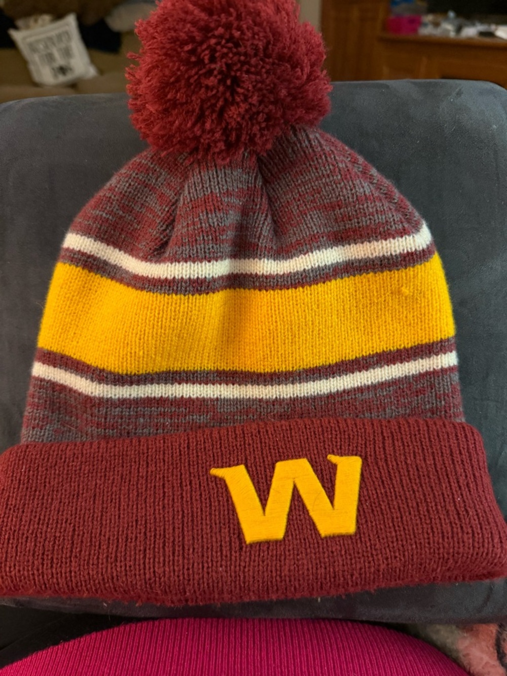 NFL Burgundy and Gold Pom Beanie with 'W' Logo